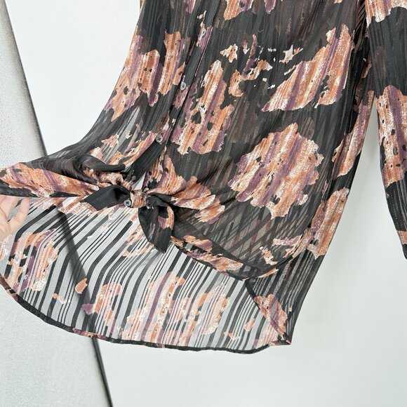 Caffe Marrakesh‎ Black Striped Chiffon Button Tie Front Blouse Size M Preppy - Picture 4 of 11